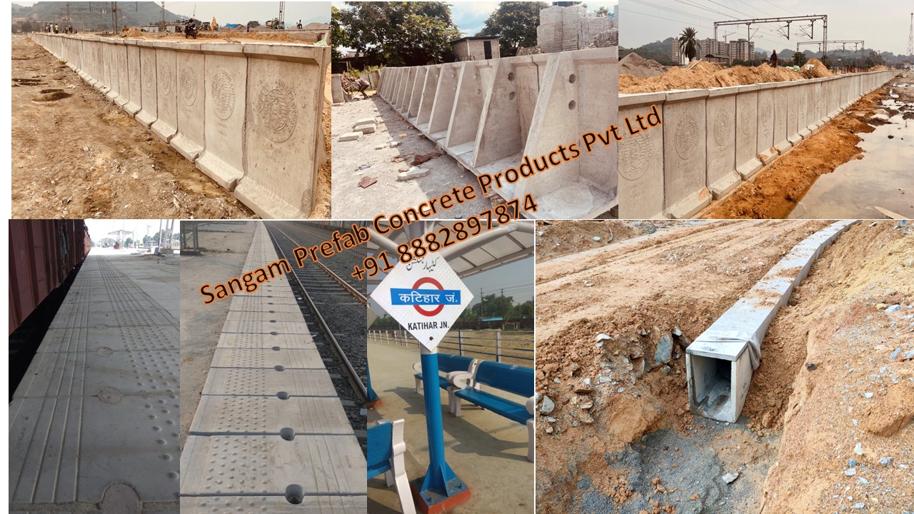 Sangam Prefab Precast Concrete Products for Railway Infrastructure:

1. Precast Readymade Railway Platform Wall and Railway Platform Coping for High and low level Platform
2. Interlocking Paver Blocks for Platform and FOB (Footover Bridge)
3. Concrete Chequered and Tactile Tiles for Platform and FOB (Footover Bridge)
4. Railway Precast Concrete Drain any shape and size as per RDSO drawing.
5. Concrete Sleepers, Foul Mark, KM stone.